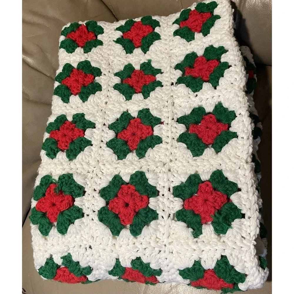 Handmade Crochet Christmas Afghan Throw Granny Square Blanket 45